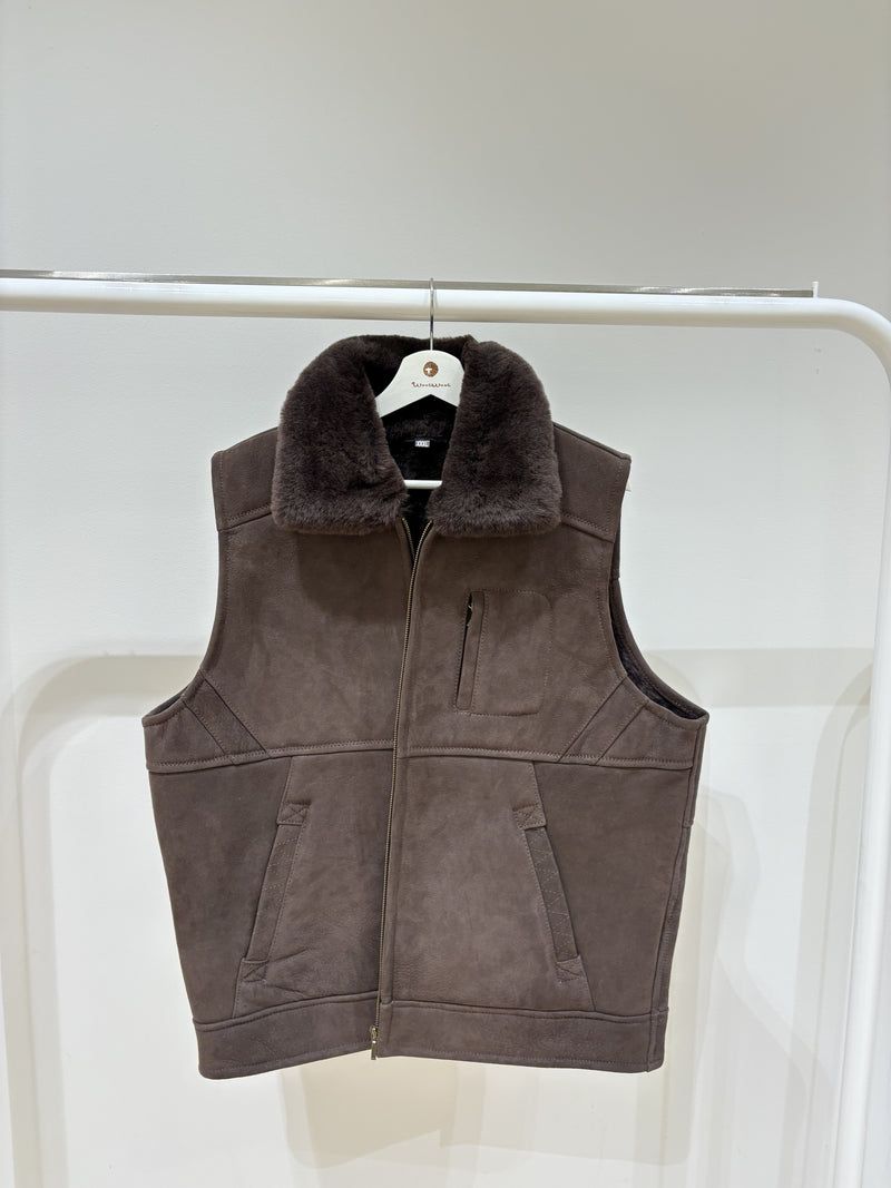 Men's Double Face Sheepskin Vest - Dark Brown -XXXL